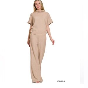ZENANA• Sweater Mock Neck Top & Long Pants Set• LIGHT MOCHA